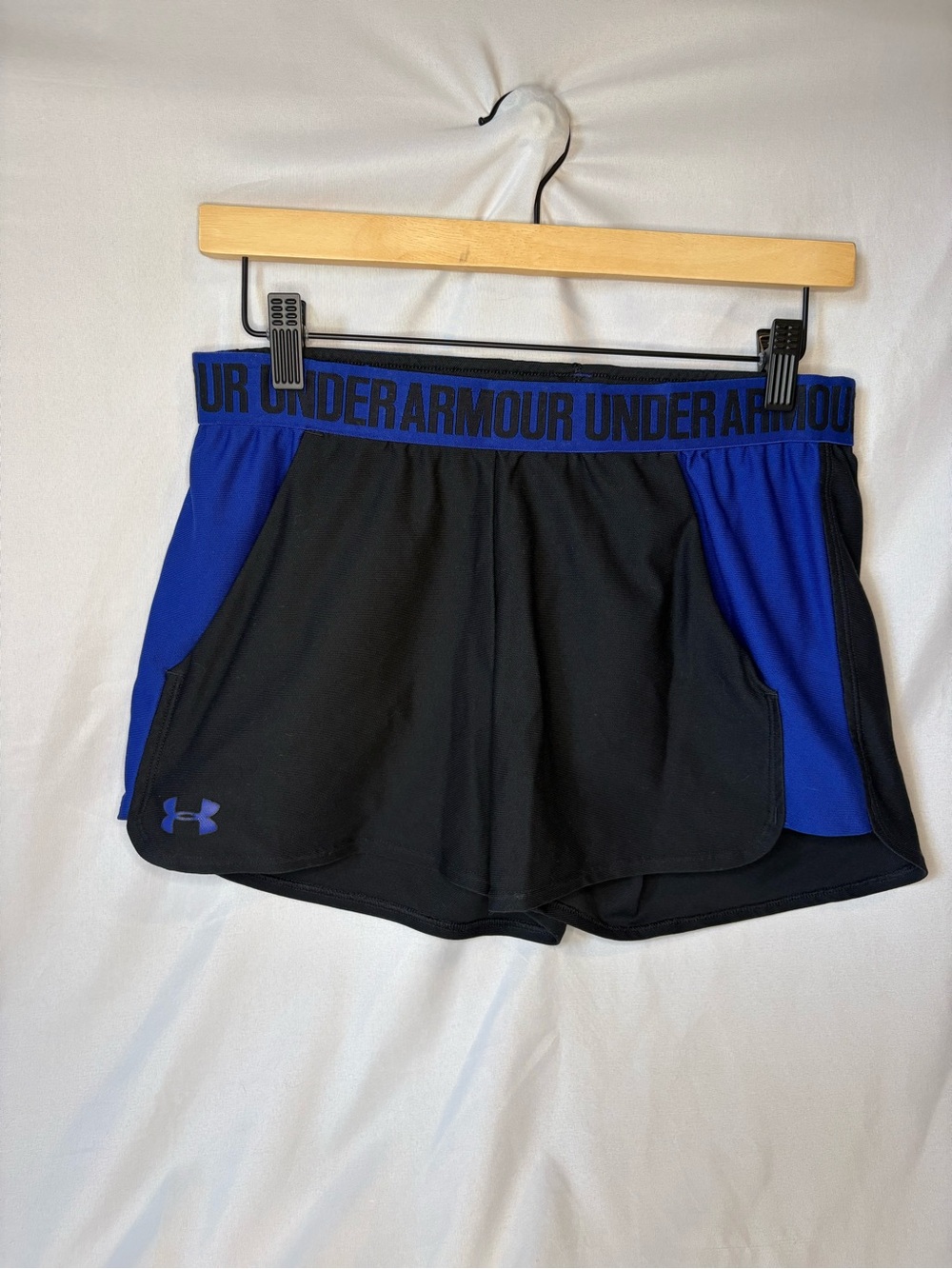 Under Armour Black and Blue Athletic Shorts with Logo Waistband